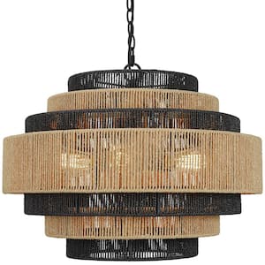 Luster Boho 24 in. 6-Light 7-Tier Hand Woven Rattan Pendant Chandelier Light with Large Shade and Black Finish