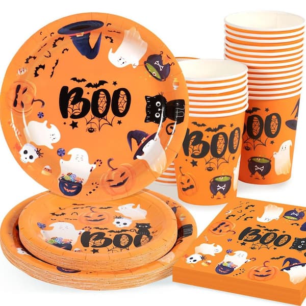 Halloween Boo Ghost Disposable Tableware Set with Paper Plates, Napkins and Cups for 25-Person,Halloween Party Supplies