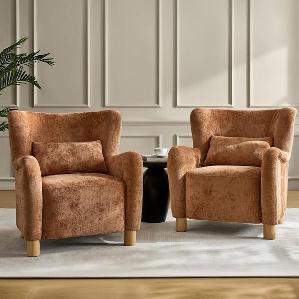 Leobarda Brown Boucle Fabric Accent Chair Set of 2 with Wingback and Solid Wood Legs