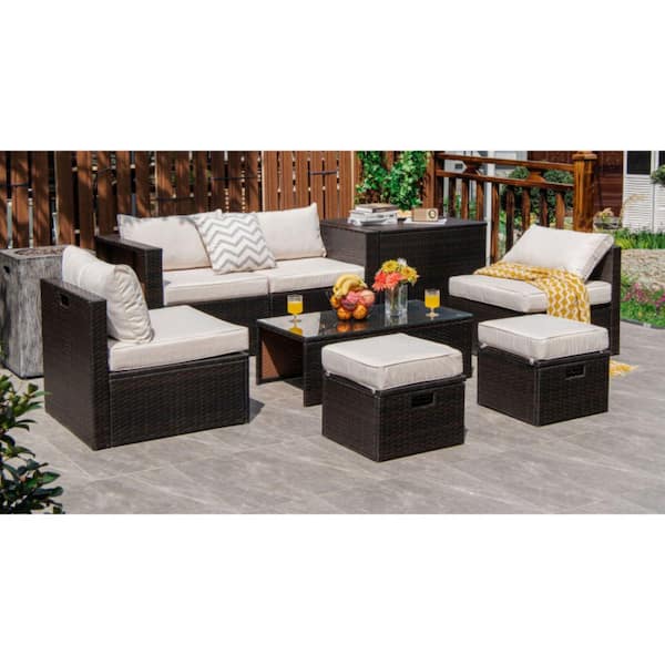 8 Pieces Patio Rattan Furniture Set with Storage Box, Waterproof Cover and Cushions in White