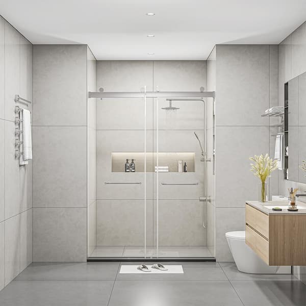 Xspracer Moray 56 in. to 60 in. W x 76 in. H Double Sliding Frameless Shower Door in Brushed Nickel with Clear Glass