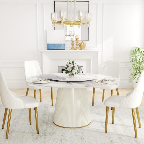 59.05 in. Pandora Circular Rotable Sintered Stone Tabletop with Lazy Susan Pedestal Base Kitchen Dining Table (Seats-8)