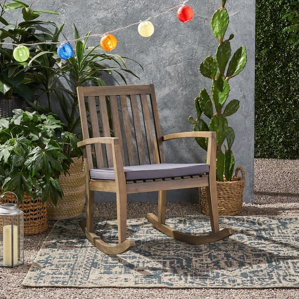 Noble House Montrose Grey Acacia Wood Outdoor Patio Rocking Chair with Dark Grey Cushion