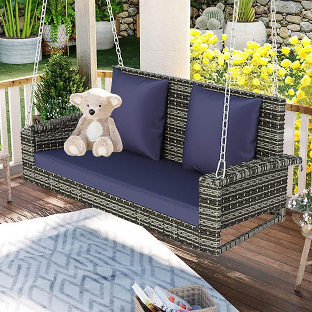 2-Person Outdoor Grey Wicker Patio Swing with Blue Cushions and Pillow
