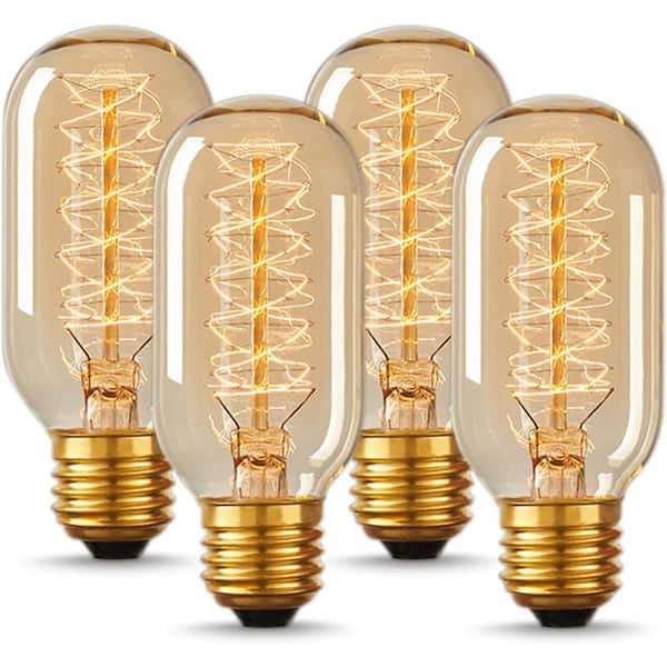 Vintage Edison A19 40W Incandescent Light Bulbs, T45 Amber Glass, Dimmable Warm White, E26/E27 Base, 4-Pack