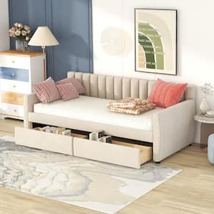 Beige Twin Size Upholstered Velvet Daybed with 2-Storage Drawers