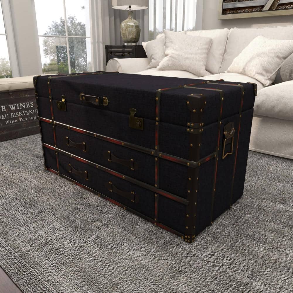 Dark Blue Linen Upholstered Trunk Coffee Table with Storage