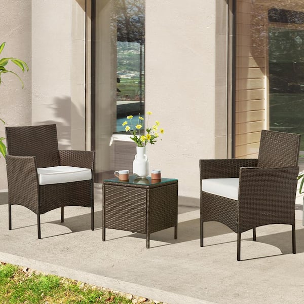 Pure Garden 3-Piece Outdoor Plastic Rattan Seating Set with 2-Cushioned Chairs and Table, Brown