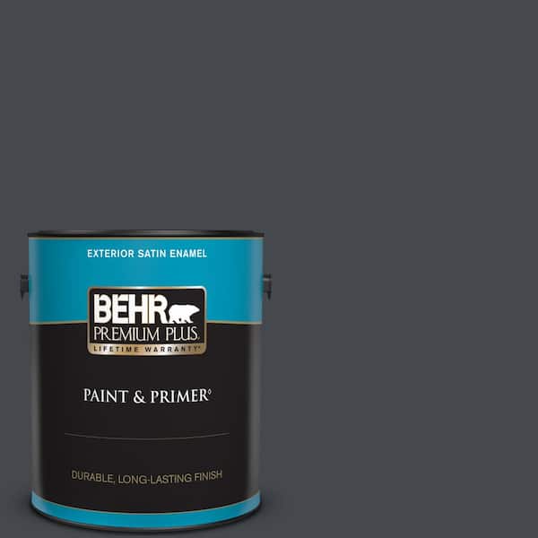 BEHR PREMIUM PLUS 1 gal. #N490-7 Ink Black Satin Enamel Exterior Paint & Primer