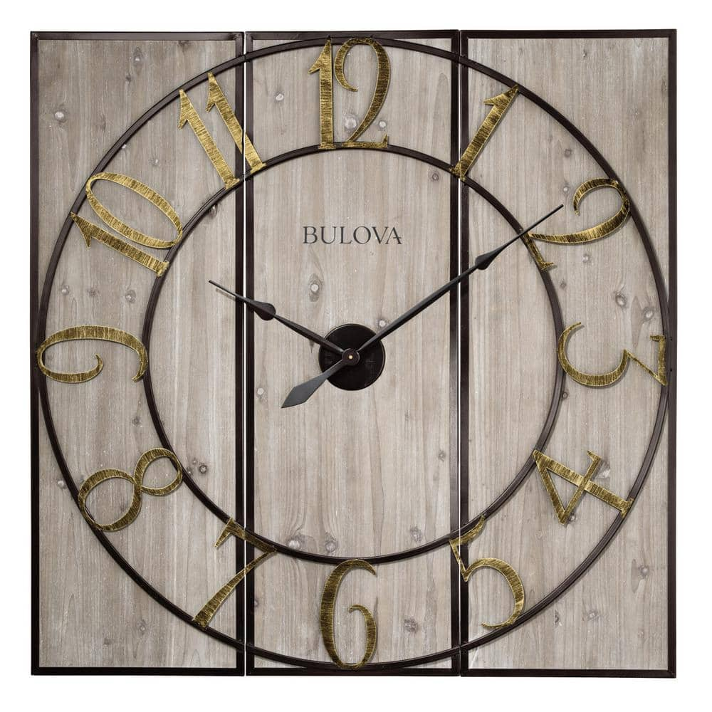 Bulova Oversized 3 Panel Square Gallery Clock With A Weathered Wood C4113 The Home Depot