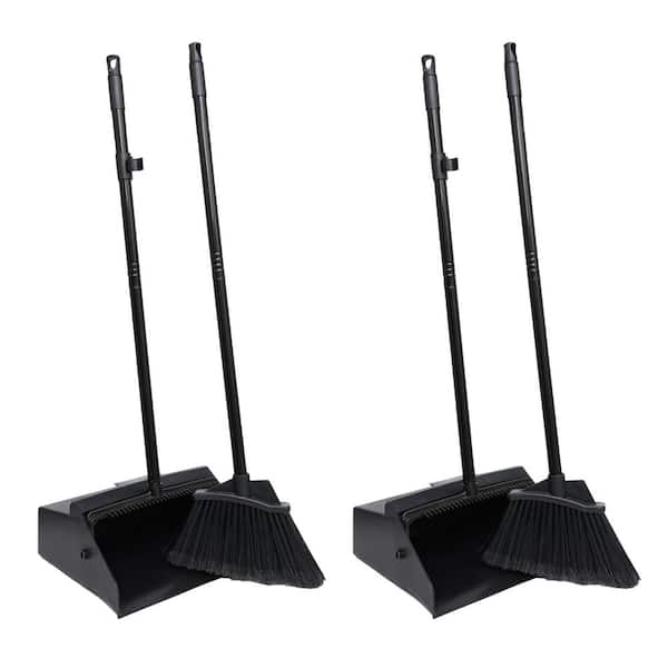 38 in. Lobby Broom and Dustpan Set for Indoor/Outdoor Sweeping and Cleaning with Angle Brooms, Black (2-Set)