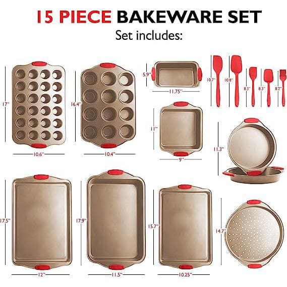 EatEx Nonstick Carbon Steel Bakeware Set - 15-Piece Baking Tray Set With  Silicone Handles - Oven Safe Cookie Sheets, Baking Pans, Cake Loaf, Muffins  