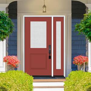 Legacy 53 in. x 80 in. 1/2 Lite Rain Glass RHOS Primed Morocco Red Finish Fiberglass Prehung Front Door w/14 in. SL