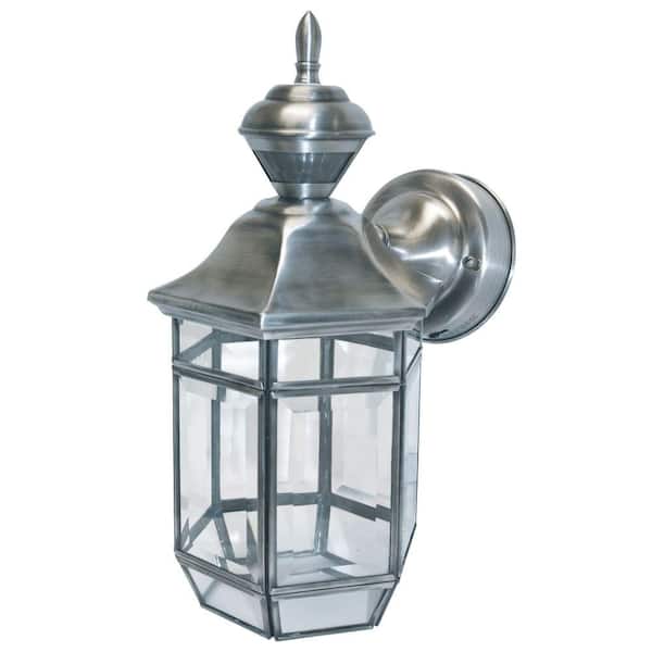 Heath Zenith Lexington Silver 150-Degree Farmhouse Outdoor 1-Light Wall Sconce with Clear Beveled Glass