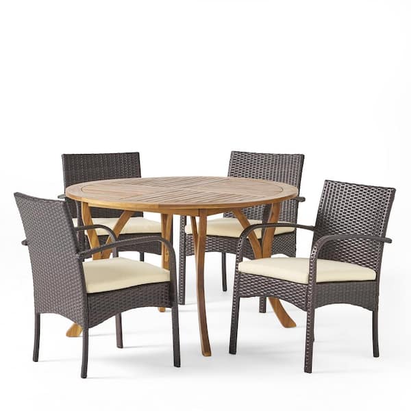 Chilton Multi-Brown 5-Piece Wood and Faux Rattan Outdoor Dining Set with Cream Cushions