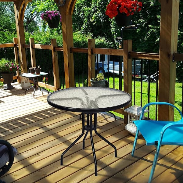 Black Round Metal Outdoor Dining Table, Round Patio Table And Chairs With Umbrella Hole