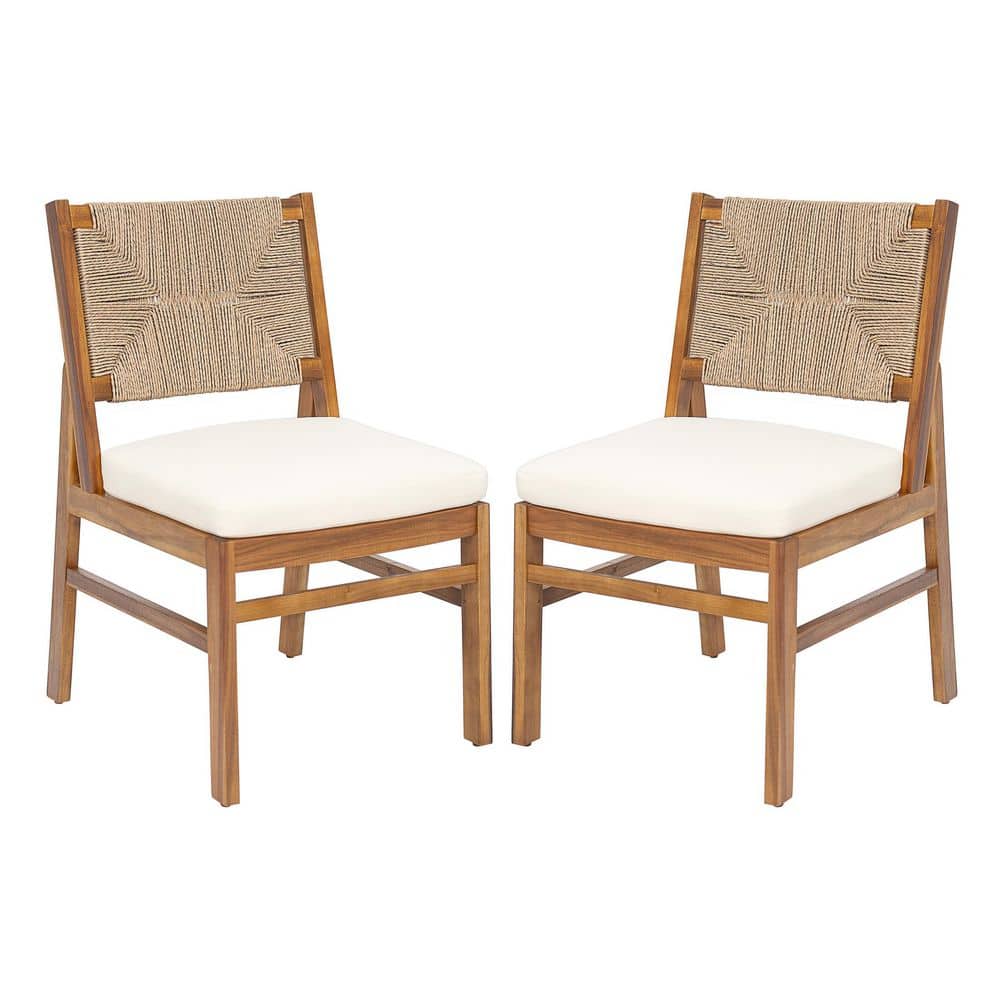 Ashbur Patio Solid Wood and Rope Woven Outdoor Dining Chair with Cream Cushions, Teak Finish + Light Brown, (Set of 2)