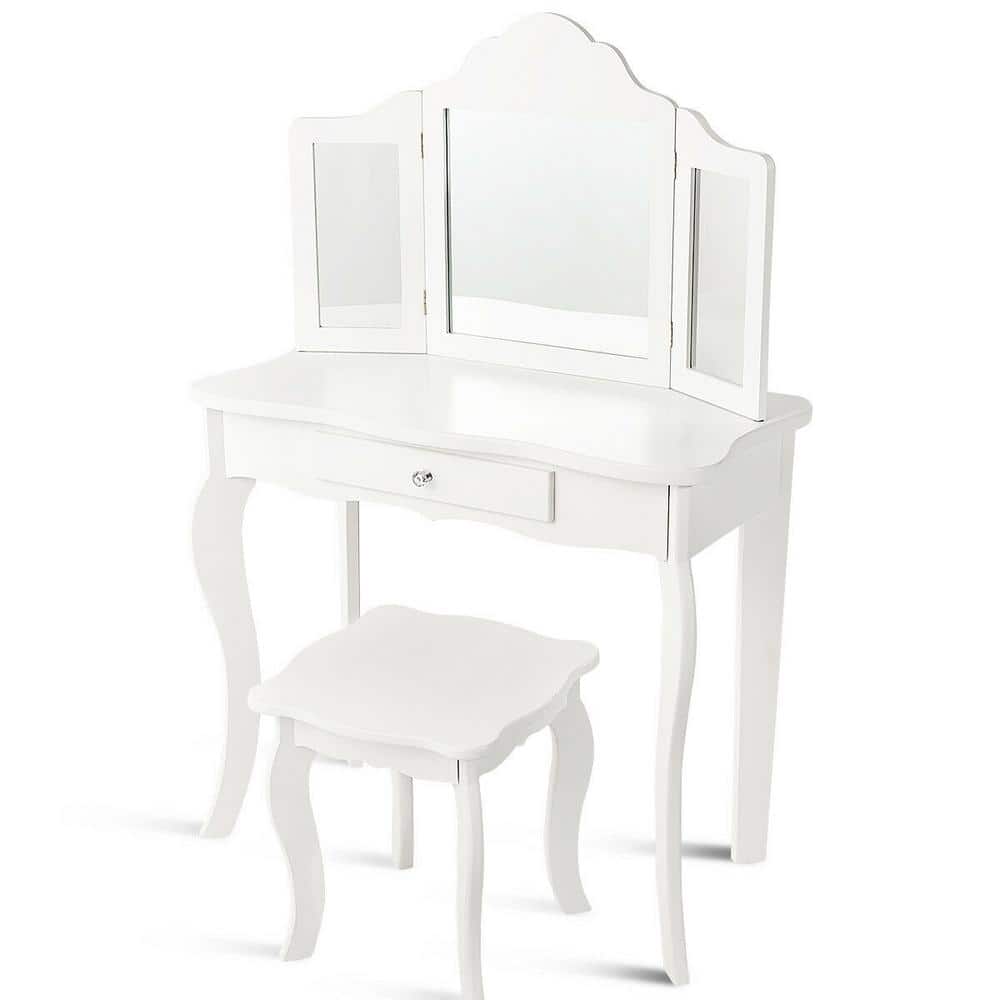 White Floating Extendable Makeup Vanity Set Acrylic with Removable Mirror &  Stool