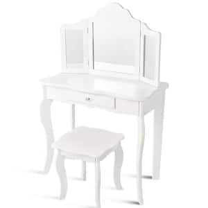 White Makeup Vanity Set with Tri-folding Mirror and Padded Stool 27.5" x 13.5" x 41" (L x W x H)