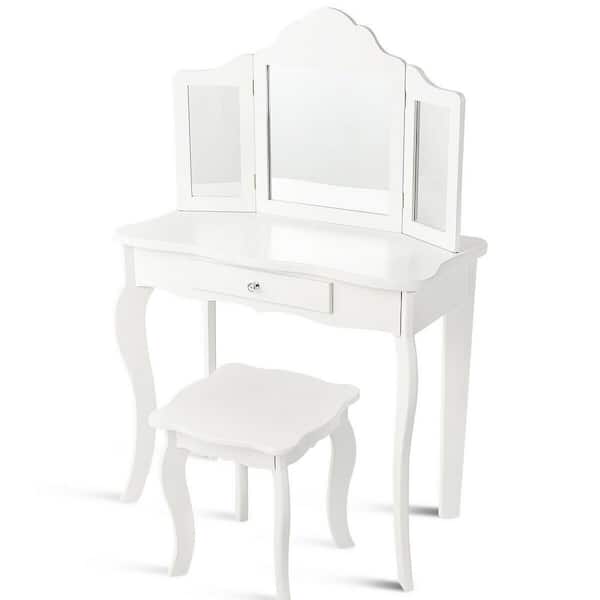 FORCLOVER White Makeup Vanity Set with Tri-folding Mirror and Padded Stool 27.5" x 13.5" x 41" (L x W x H)