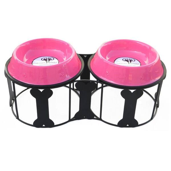 Platinum Pets 4 Cup Wrought Iron Bone Deluxe Feeder with Embossed Non-Tip Bowl in Pink