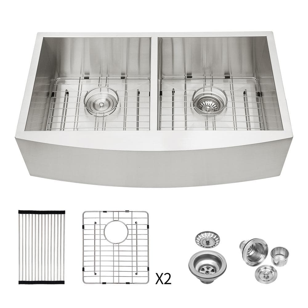 33 in. L x 20 in. W Farmhouse Apron Front Double Bowls 18 Gauge Stainless Steel Kitchen Sink in Brushed Nickel -  RAINLEX, RX-SS12-3320-55