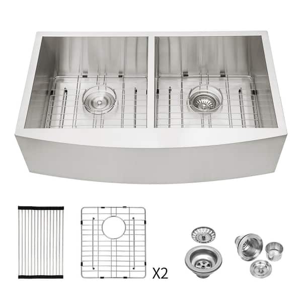 RAINLEX 33 in. L x 20 in. W Farmhouse Apron Front Double Bowls 18 Gauge Stainless Steel Kitchen Sink in Brushed Nickel