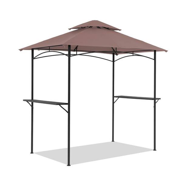 Freestyle 8 ft. x 5 ft. Khaki Patio Double-Tier Soft Top Barbecue Grill Gazebo Tent with Steel Frame and Bar Counters