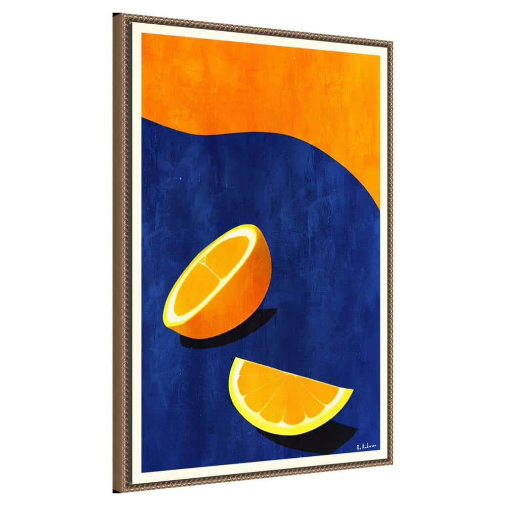 Large Orange and Blue Abstract Citrus Canvas Art with Beaded Frame