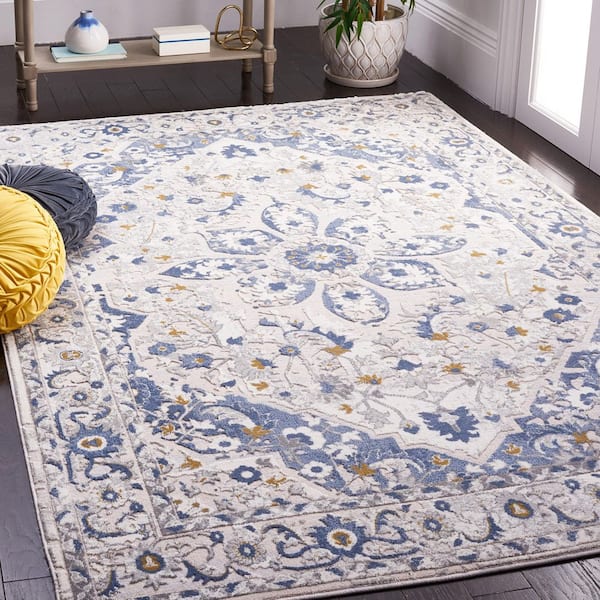 Palma 10 ft. x 14 ft. Light Gray/Blue Floral Border Area Rug