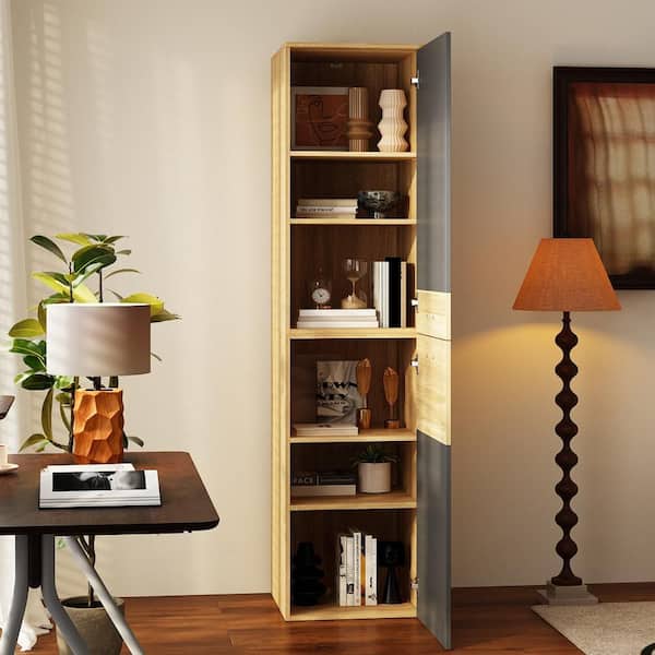 Dark Grey and Natural Wood 72.2 in. H Accent Cabinet With Adjustable Shelves, Sideboard, Storage Bookcase