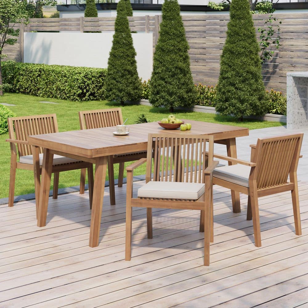Riverbend Rustic Patio Brown 5-Piece Solid Wood Rectangle Outdoor Dining Set with Beige Cushions, Slat Design