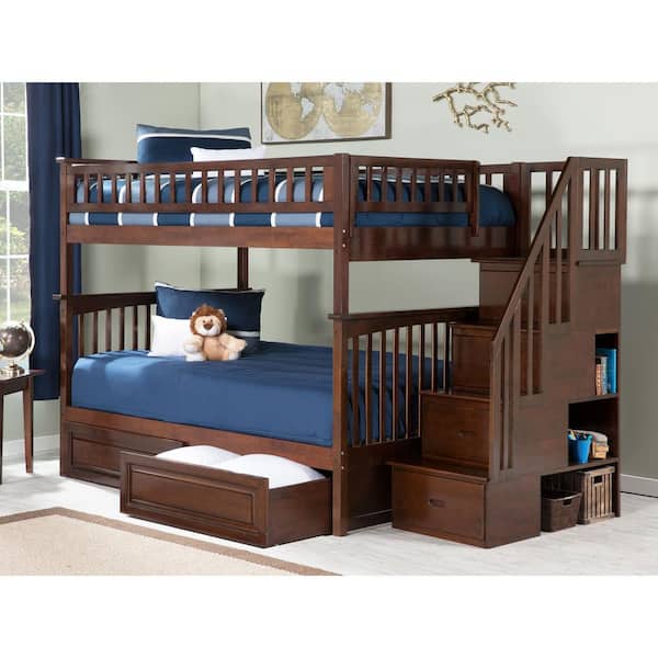 AFI Columbia Staircase Bunk Bed Full over Full with 2 Raised Panel Bed Drawers in Walnut