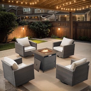 U-Weave 5-Piece Brown Wicker Outdoor Square Fire Pit Conversation Set with Beige Cushions and Swivel Rocking Chairs