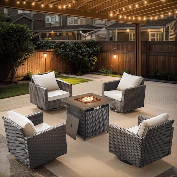 Opohoro U-Weave 5-Piece Brown Wicker Outdoor Square Fire Pit Conversation Set with Beige Cushions and Swivel Rocking Chairs