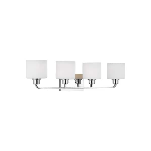 Canfield 31 in. 4-Light Chrome Minimalist Modern Wall Bathroom Vanity Light with Etched White Glass Shades