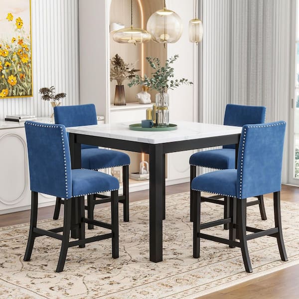 5-Piece Blue Faux Marble Top Dining Set with 4 Velvet-Upholstered Chairs