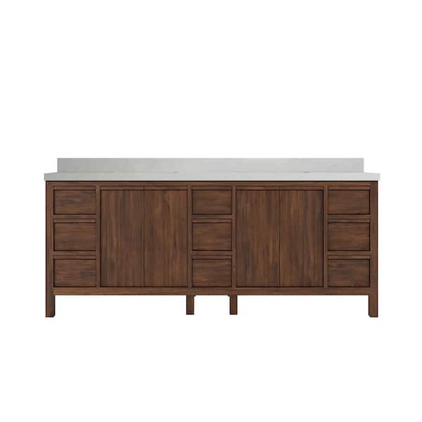 Willow Collections Elizabeth Teak 84 in. W x 22 in. D x 36 in. H Double Sink Bath Vanity in Dark Walnut with 2 in. Carrara Qt. Top