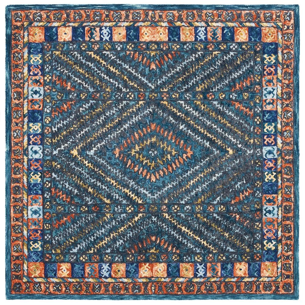 Handmade Tufted Square Blue Geometric Wool Area Rug - 7' Square