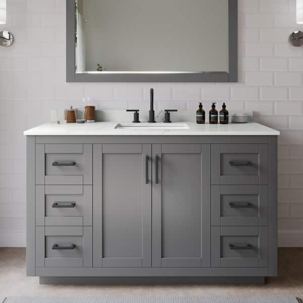 Wyndham Collection Miranda 54 in. W x 22 in. D x 33.75 in. H Single Bath Vanity in Dark Gray with Giotto Quartz Top and 46 in. Mirror