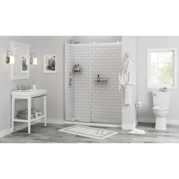Passage 60 in. x 72 in. 3-Piece Glue-Up Alcove Shower Wall, Door and Base Kit with Right Hand Drain in White Subway Tile