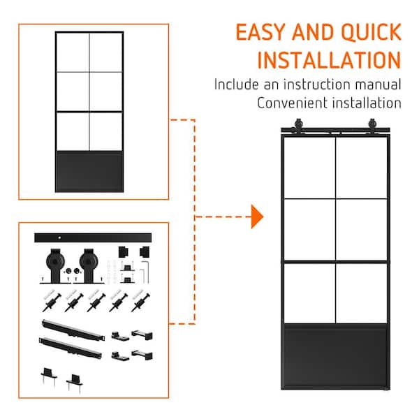SOCBAZZAR - 32 in. x 84 in. 3/4-Lite Tempered Clear Glass Black Steel Frame Sliding Barn Door with Hardware Kit and Soft Close
