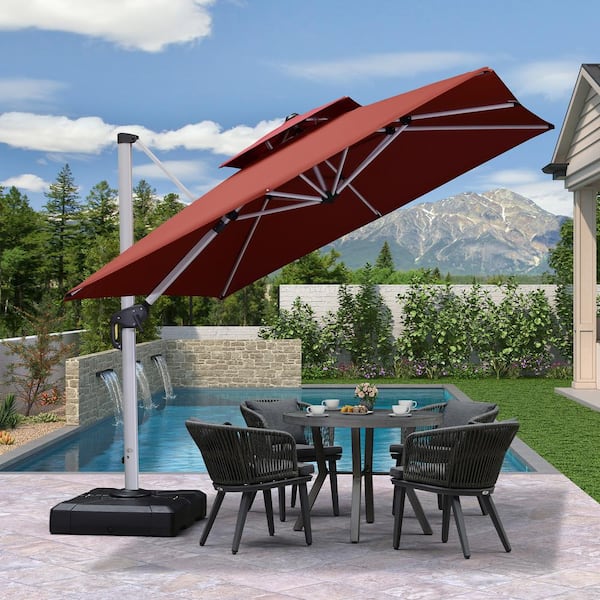 PURPLE LEAF 9 ft. Square High-Quality Aluminum Cantilever Polyester Outdoor Patio Umbrella with Base, Brick Red