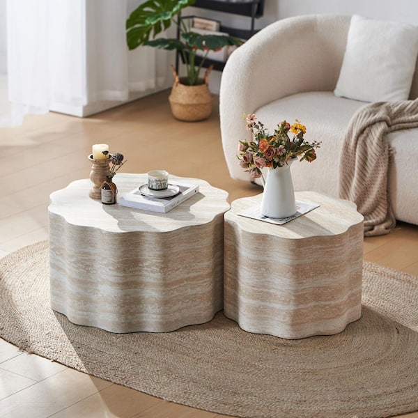 Lucy Modern Minimalist 26.7 in. Beige Brown Round Wood Coffee Table with Faux Mars Pattern, Set of 2