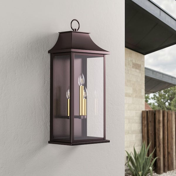 Decorators 25 in. 3-Light Oil-Rubbed Bronze Traditional Dusk to Dawn Outdoor Hardwired Wall Lantern Sconce