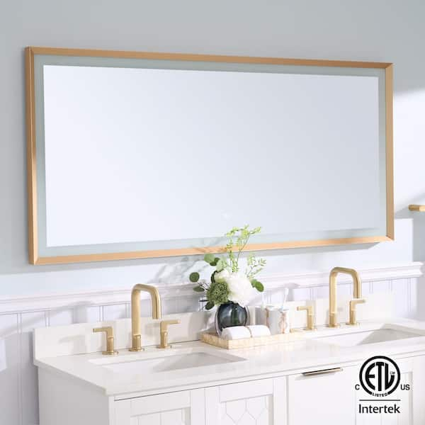 60 in. W x 28 in. H Rectangular Framed Slope Dimmable Backlit Front LED Bathroom Vanity Mirror w/ Light in Brushed Gold