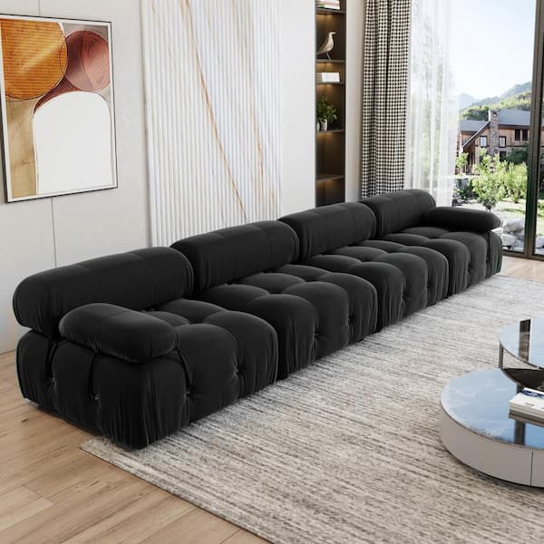 J&E Home 138.6 in. W Square Arm Velvet 4-Piece 4 Seater Modular Free Combination Sectiona Sofa in Black