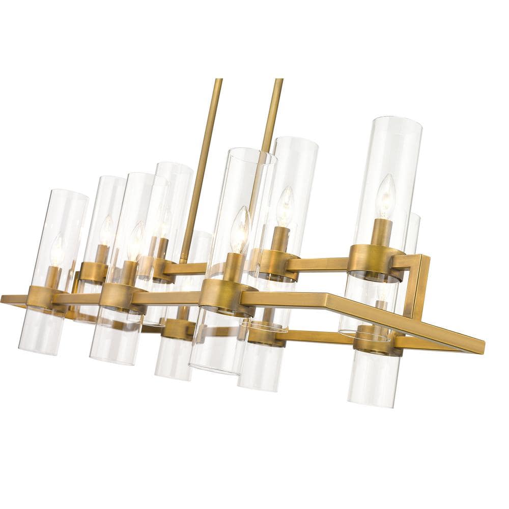 Datus 42.5" Rubbed Brass 10-Light Chandelier with Clear Glass Cylinders