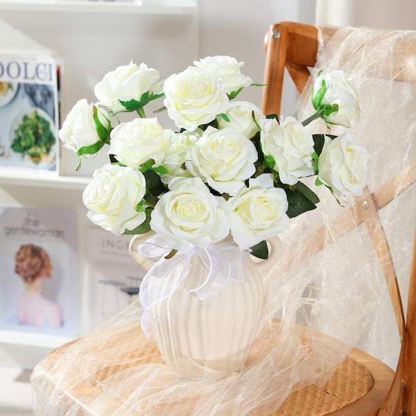 19.6 in. White Outdoor Artificial Rose Plastic Flower for