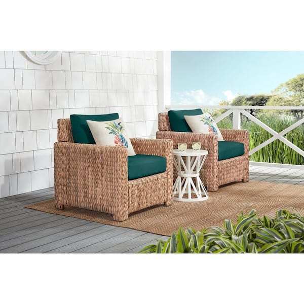 Hampton Bay Laguna Point Natural Tan Wicker Outdoor Stationary Lounge Chair with CushionGuard Malachite Green Cushions (2-Pack)